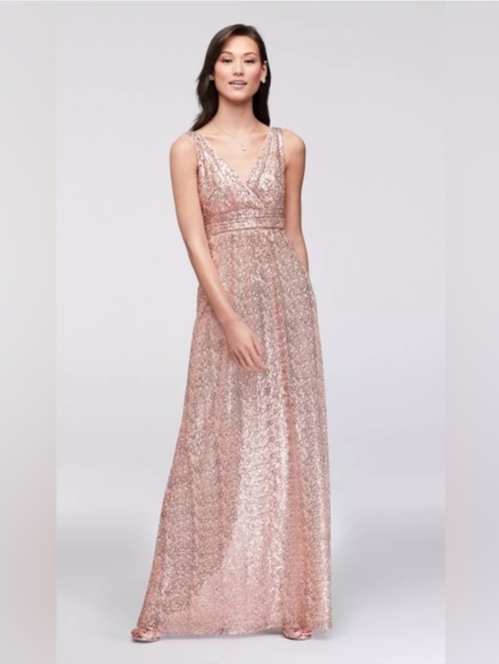 Davids Bridal Sequin V-Neck Evening Gown - Rose Gold